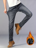 kkboxly Warm Fleece Straight Leg Jeans For Business, Men's Semi-formal Denim Pants For Fall Winter