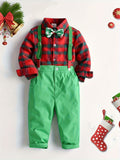 Boy's Christmas Style Gentleman Outfit, Plaid Pattern Bowtie Shirt & Vest & Overalls Set, Formal Wear For Speech Performance Birthday Party, Kid's Clothes For Spring Fall Winter Outdoor Clothes