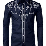 kkboxly Cow Boy Style Men's Chic Embroidered Long Sleeve Lapel Shirt, Spring Fall