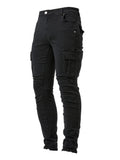 kkboxly Slim Fit Multi Pocket Jeans, Men's Casual Street Style High Stretch Denim Cargo Pants