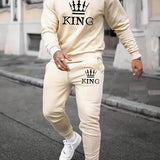 kkboxly  KING Print, Men's 2Pcs Outfits, Casual Crew Neck Long Sleeve Pullover Sweatshirt And Drawstring Sweatpants Joggers Set For Spring Fall, Men's Clothing