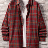 kkboxly  Men's Plaid Button Up Loose Trendy Comfy Long Sleeve Shirt For Summer Autumn, Mens Clothing