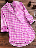 kkboxly  Plus Size Casual Blouse, Women's Plus Gingham Print Turn Down Collar Long Sleeve Shirt