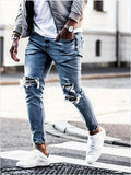 kkboxly  Slim Fit Ripped Jeans, Men's Casual Street Style Distressed Mid Stretch Denim Pants For Spring Summer