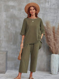 kkboxly Solid Simple Two-piece Est, Crew Neck 3/4 Sleeve Tops & Wide Leg Pants Outfits, Women's Clothing