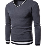 kkboxly  Men's Colorblock Autumn Winter Warm V-Neck Long Sleeve Sweatshirt