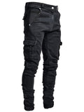 kkboxly  Multi Pocket Slim Fit Jeans, Men's Casual Street Style Distressed Denim Pants