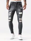 kkboxly  Slim Fit Ripped Jeans, Men's Casual Street Style Distressed Medium Stretch Denim Pants