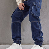 Men's Loose Fit Flap Pocket Jeans, Casual Street Style Denim Pants