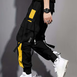 kkboxly Multi-pocket Ribbon Design, Men's Color Block Cargo, Trendy Comfy Jogger Pants