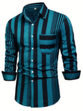 kkboxly  Stripe Pattern Men's Trendy Long Sleeve Button Up Shirt With Chest Pocket, Spring Fall Streetwear