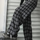 kkboxly  Plus Size Casual Pants, Women's Plus Plaid Print Elastic High Rise Wide Leg Trousers With Pockets