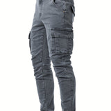 kkboxly  Men's Casual Multi Pocket Jeans, Street Style Medium Stretch Denim Pants