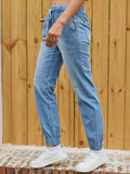 Blue Elastic Waist Jogger Pants, Slash Pockets Straight Legs Mid-Waist Denim Pants, Women's Denim Jeans & Clothing