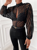 Women's Shirts Tops Striped Fake Buttons Mesh Blouses Tops