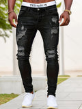 kkboxly  Slim Fit Ripped Jeans, Men's Casual Street Style Distressed Medium Stretch Denim Pants