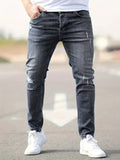 kkboxly Ripped Design Cotton Slim Fit Jeans, Men's Casual Street Style Leg Mid Stretch Denim Pants For Spring Summer