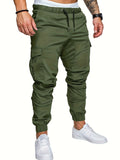 kkboxly  Cotton Blend Solid Color Multi Flap Pockets Men's Joggers Cargo Pants, Loose Casual Outdoor Pants, Men's Work Pants