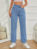 Light Blue Casual Straight Jeans, Non-Stretch Loose Fit Slash Pockets Denim Pants, Women's Denim Jeans & Clothing