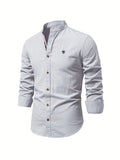 kkboxly  Solid Color Men's Cotton Long Sleeve Button Up Shirt With Stand Collar, Spring Fall