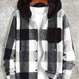 kkboxly  Men's Color Block Checkered Hooded Sweatshirt Casual Long Sleeve Hoodies With Button Gym Sports Hooded Jacket