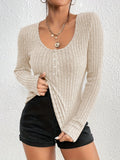 kkboxly  Ribbed Button Front Crew Neck T-Shirt, Casual Long Sleeve Top For Spring & Fall, Women's Clothing