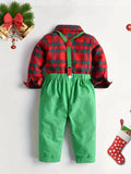 Boy's Christmas Style Gentleman Outfit, Plaid Pattern Bowtie Shirt & Vest & Overalls Set, Formal Wear For Speech Performance Birthday Party, Kid's Clothes For Spring Fall Winter Outdoor Clothes