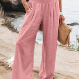 kkboxly  Shirred Waist Wide Leg Pants, Casual Solid Slant Pockets Pants For Summer & Spring, Women's Clothing