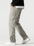 kkboxly  Zipper Design, Men's Corduroy Cargo Pants With Flap Pockets, Comfy Trendy Trousers