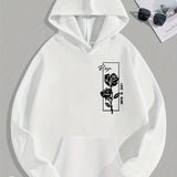 kkboxly  Rose Print, Hoodies For Men, Graphic Fleece Sweatshirt With Kangaroo Pocket, Comfy Trendy Hooded Pullover, Mens Clothing For Fall Winter