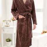 kkboxly Men's Comfy Solid Fleece Robe Home Pajamas Wear With Pocket One-piece Lace Up Kimono Night-robe Warm Sets After Bath