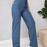 Blue Loose Fit Straight Jeans, High Waist Non-Stretch Slash Pockets Denim Pants, Women's Denim Jeans & Clothing