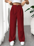 kkboxly  Solid Pleated Wide Leg Pants, Elegant High Waist Long Length Pants, Women's Clothing