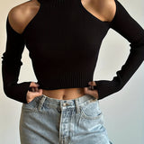 kkboxly Cold Shoulder Mock Neck Knitted Sweater, Casual Solid Long Sleeve Sweater, Women's Clothing