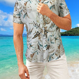 kkboxly  Tropical Leaf Retro Hawaiian Shirt, Men's Casual Button Up Short Sleeve Shirt For Summer Vacation Resort