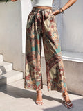 kkboxly  Ethnic Floral Print Wide Leg Pants, Casual Loose Tie Waist Pants, Women's Clothing