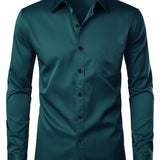 kkboxly  Slim Fit Shirt, Men's Semi Formal Lapel Button Up Long Sleeve Shirt For Spring Summer Business