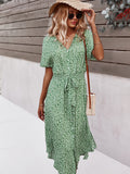 kkboxly  Sexy Floral Print Dress, Casual Short Sleeve V-neck Waist Belt Button Spring & Summer Dresses, Women's Clothing