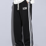 kkboxly  Men's Trendy Striped KDR Print Sweatpants, Casual Slightly Stretch Breathable Loose Joggers For Outdoor