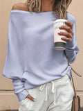 kkboxly  Solid Off Shoulder Pullover Sweater, Casual Long Batwing Sleeve Sweater For Spring & Fall, Women's Clothing