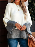 kkboxly  Two-tone Crew Neck Pullover Sweater, Casual Bell Sleeve Sweater For Fall & Winter, Women's Clothing