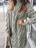 kkboxly  Solid Cable Knit Sweater Dress, Casual High Neck Long Sleeve Dress, Women's Clothing