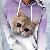 xieyinshe  3D Cat Graphic Sports Hoodie,Printed Drawstring Long Sleeve Hooded Sweatshirts,Women's Sporty Sweatshirts