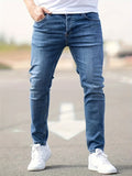 kkboxly  Light Wash Cotton Slim Fit Jeans, Men's Casual Street Style Mid Stretch Denim Pants For Spring Summer