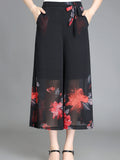 Floral Pattern Chiffon Cropped Wide Leg Pants, Casual Belted Pants For Spring & Summer, Women's Clothing