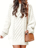 kkboxly  Solid Cable Knit Sweater, Casual Crew Neck Long Sleeve Sweater, Women's Clothing