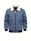 realaiot  Warm Fleece Denim Jacket, Men's Casual Flap Pocket Jacket Coat With Fur Collar For Fall Winter