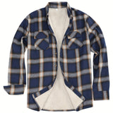 kkboxly  Men's Warm Fleece Plaid Shirt Coat, Casual Retro Lapel Button Up Chest Pocket Jacket For Fall Winter