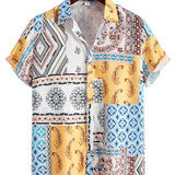 kkboxly Paisley Print Men's Casual Short Sleeve Mismatch Shirt, Men's Shirt For Summer Vacation Resort