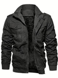 kkboxly  Warm Plush Fleece Cotton Jacket, Men's Casual Zipper Pockets Stand Collar Jacket Coat For Fall Winter